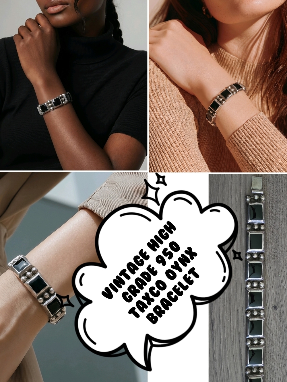 📣 Vintage High Grade 950 Sterling Taxco Mexico 🖤 Oynx Bold Link Bracelet 7" 😍